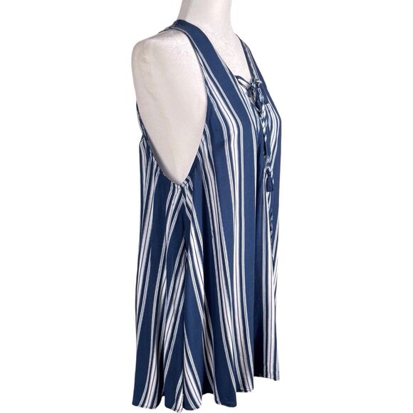 SHOW ME YOUR MUMU Rancho Mirage Tunic Dress Size Medium Lace Up Navy Blue Stripe - Picture 7 of 14